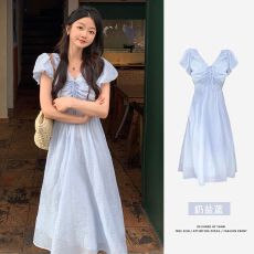 批发韩国chic夏季法式温柔气质抽绳v领泡泡短袖高腰大摆仙女<b class='q'>连衣裙</b>女