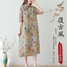 批发<b class='q'>旗袍</b>连衣裙<b class='q'>夏季</b>新款复古休闲大码文艺立领五分袖民国风中长裙子女