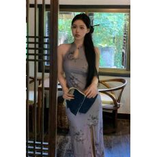 批发小个子150XS夏<b class='q'>复古</b>新中式印花镂空改良旗袍收腰显高包臀开叉长裙