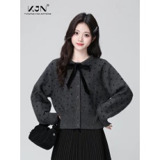 批发灰色波点蝴蝶结毛衣外套女2026秋冬新款温柔加厚短款针织开衫上衣