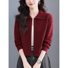 批发春秋装<b class='q'>短</b>款翻领拉链针织纯色开衫上衣女宽松百搭长袖毛衣外套外搭