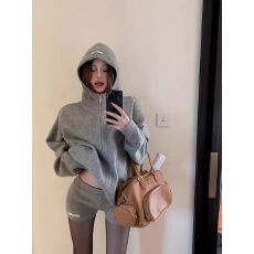 批发美式辣妹风针织连帽卫衣套装女秋季开衫拉链外套高腰短裤两件套潮