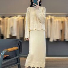 批发花边羊绒针织套装女圆领套头毛衣<b class='q'>长款</b><b class='q'>马甲</b>连衣裙羊毛两件套