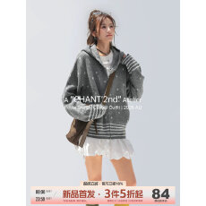 批发韩系波点连帽针织衫女拉链短款条纹罗纹休闲毛衣外套
