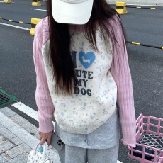 批发美式趣味印花拼色长袖针织毛衣男女春秋宽松休闲百搭套头毛衫