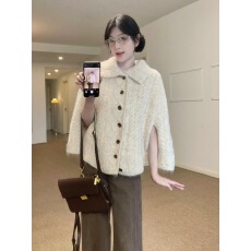 批发复古麻花斗篷针织外套单排扣宽松开叉披肩毛衣上衣女
