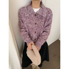 批发实拍 法式慵懒风翻领立领两穿花纱混纺毛衣复古针织开衫女