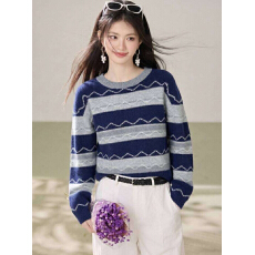 批发时尚宽松撞色<b class='q'>条纹</b>针织打底衫女2026新款春秋大码女装上衣秋冬毛衣