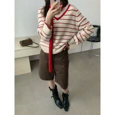 AIMISTYLE-秋上新韩系慵懒软糯撞色条纹毛衣含飘带