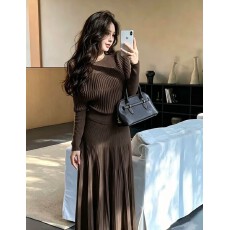 批发韩系巨好看千金感穿搭一整套女<b class='q'>秋</b>冬长袖针织百褶半身裙毛衣两件套