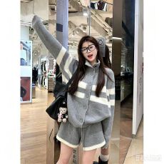 批发复古慵懒风针织两件套女撞色条纹翻领宽松显瘦韩系<b class='q'>休闲</b>毛衣<b class='q'>套装</b>女