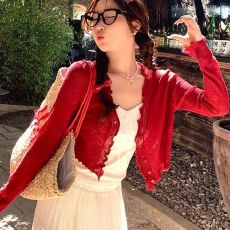 批发木耳边红色开衫配吊带防晒罩衫女夏薄款外搭薄纱冰丝<b class='q'>小</b><b class='q'>披肩</b>