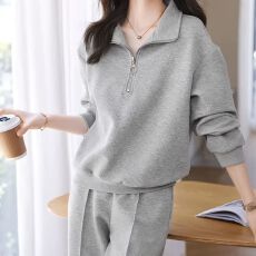 批发休闲肌理运动服两件套2025<b class='q'>秋</b>冬新款简约翻领卫衣松紧腰长裤女套装