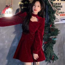 批发细闪<b class='q'>丝绒</b><b class='q'>连衣裙</b>女205秋冬新款高档气质优雅红色收腰显瘦A字裙子