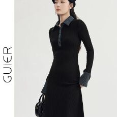 批发「GUIER」<b class='q'>修身</b>针织<b class='q'>连衣裙</b>女秋冬2024新款撞色拼接polo领收腰长裙