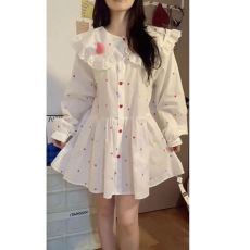 批发大码减龄娃娃领白色衬衫裙子女秋季刺绣爱心木耳边宽松长袖<b class='q'>连衣裙</b>