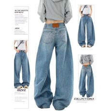 批发美式辣妹水洗<b class='q'>烫钻</b>廓形弯刀<b class='q'>牛仔裤</b>女设计感宽松阔腿长裤