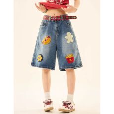 批发美式复古汉堡薯条毛巾绣<b class='q'>牛仔</b><b class='q'>短裤</b><b class='q'>男</b>女潮牌夏季宽松阔腿直筒五分裤