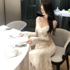 批发<b class='q'>欧美</b>东南亚2025秋季新款女装气质温柔方领蕾丝修身鱼尾<b class='q'>连衣裙</b>