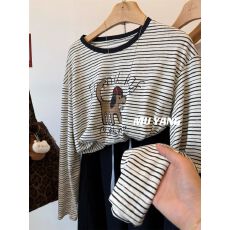 批发【原版面料】特大码300斤韩系小狗<b class='q'>条纹</b><b class='q'>长袖</b><b class='q'>T</b><b class='q'>恤</b>女2025新款上衣