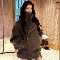 批发秋冬新款慵懒风纯色纽扣立领毛呢<b class='q'>外套</b>女气质百搭休闲显瘦百搭大衣