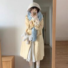 批发奶黄色<b class='q'>翻领</b>彩色扣毛呢外套女秋冬季小个子高级感中长款呢子大衣