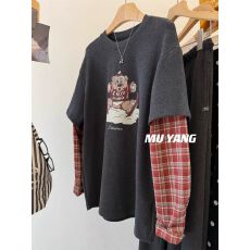 批发【德绒】特大码300斤小熊t恤休闲<b class='q'>格子衬衫</b>袖拼接上衣女