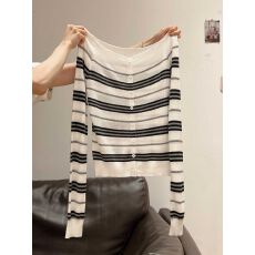 批发白色<b class='q'>条纹</b>一字领针织打底衫<b class='q'>开衫</b>外套长袖女早秋内搭露肩修身小上衣