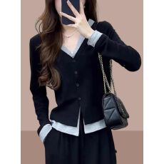 批发假两件v领长袖<b class='q'>T</b><b class='q'>恤</b>女秋季新款修身短款设计感拼接欧货内搭黑色上衣