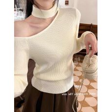 批发设计感露肩性感内搭针织打底衫女早秋季挂脖<b class='q'>气质</b>打底毛衣辣妹上衣