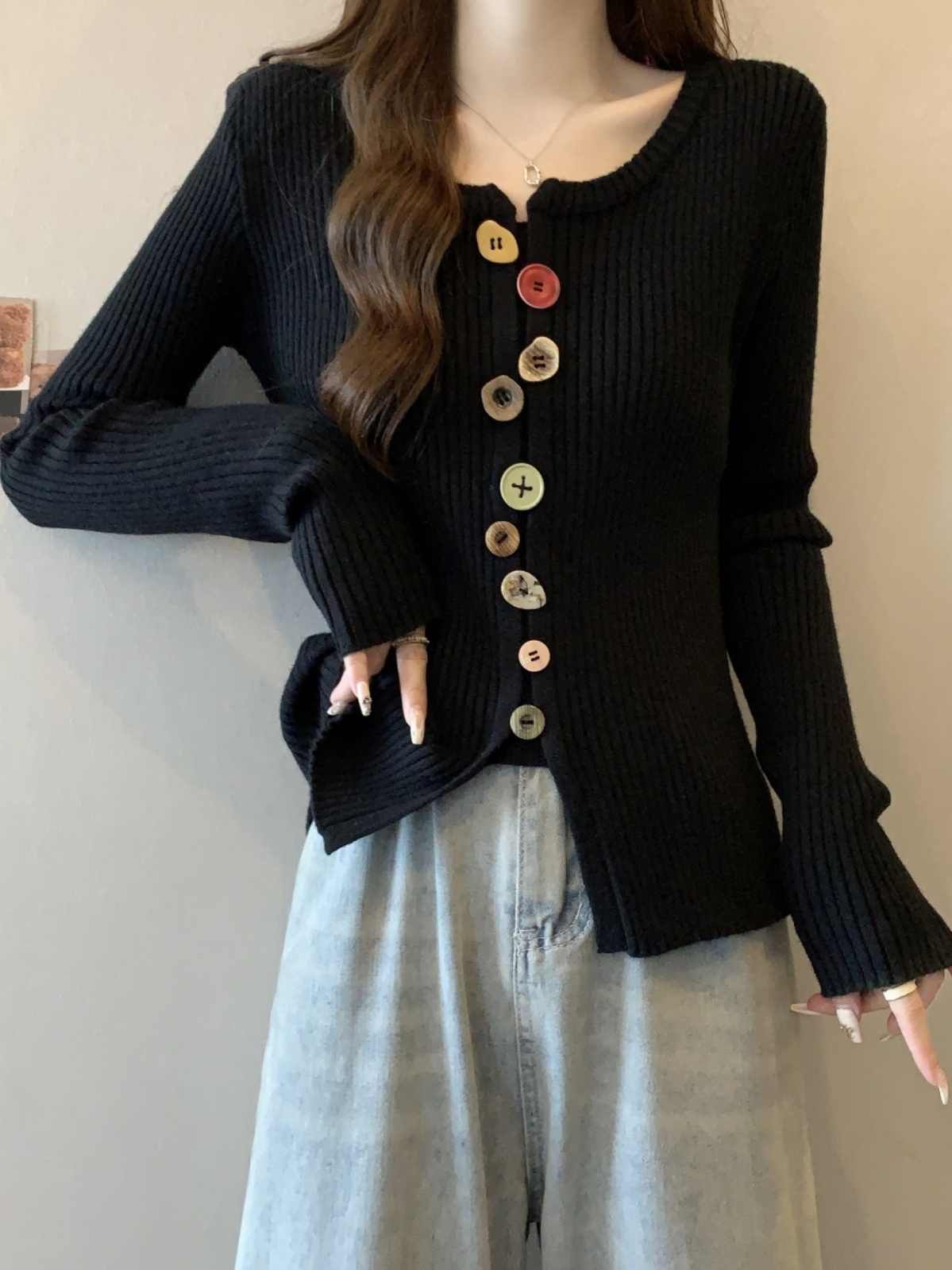 MY14537# 韩系chic彩扣长袖针织开衫新款设计感开叉修身显瘦上衣女...