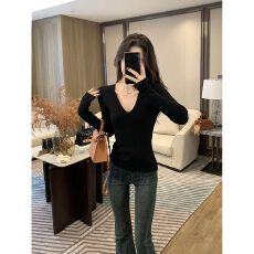 批发包芯纱v领针织衫女秋冬季修身高级感气质百搭6羊毛衣内搭打底上衣