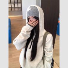 韩系慵懒风软糯温柔白色连帽针织衫秋冬新款宽松显瘦毛衣外套上衣