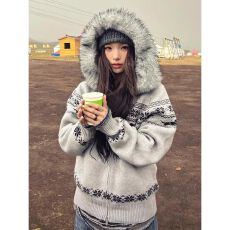 批发费尔岛连帽毛衣外套女韩系秋季穿搭慵懒风针织衫宽松长袖软糯上衣