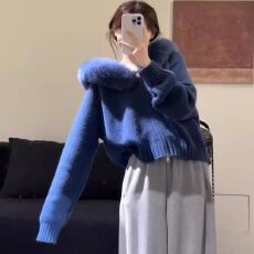 批发韩系高级感大毛领连帽蓝色毛衣开衫外套女秋冬慵懒宽松针织衫上衣