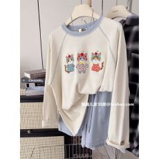 21支纯棉特大码300斤重工刺绣小猫宽松秋季上衣女长袖T