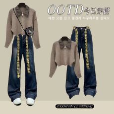 批发2025新款牛仔两件套装长袖打底衫牛仔裤辣妹穿搭整套潮