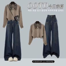 批发2025新款牛仔两件套装长袖打底衫牛仔裤辣妹穿搭整套潮