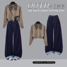 批发2025新款牛仔两件套装长袖打底衫牛仔裤辣妹穿搭整套潮