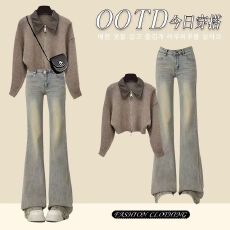 批发2025新款牛仔两件套装长袖打底衫牛仔裤辣妹穿搭整套潮