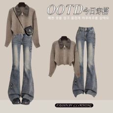 批发2025新款牛仔两件套装长袖打底衫牛仔裤辣妹穿搭整套潮