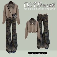 批发2025新款牛仔两件套装长袖打底衫牛仔裤辣妹穿搭整套潮