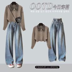 批发2025新款牛仔两件套装长袖打底衫牛仔裤辣妹穿搭整套潮