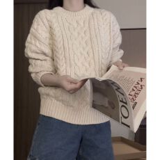 批发<b class='q'>韩国</b>复古麻花毛衣女宽松慵懒风小众扭绳套头针织衫上衣加厚