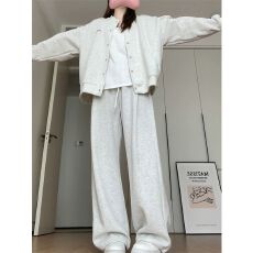 批发两件套灰色休闲裤女2026春秋新款宽松百搭显瘦慵赖阔腿裤套装女