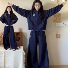 批发新款休闲运动套装春秋显瘦连帽韩版宽松拉链开衫长裤卫衣<b class='q'>两件套装</b>