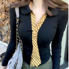 批发拼接格子撞色<b class='q'>打底衫</b>女新款早秋韩系穿搭t恤设计感长袖上衣