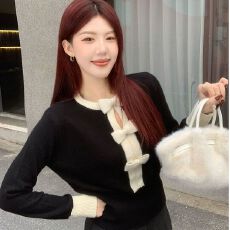 批发韩版圆领蝴蝶结镂空针织衫女2025秋冬宽松显瘦轻熟风打底衫上衣潮