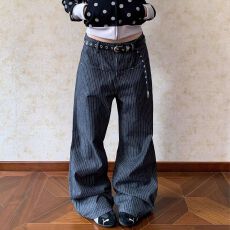 批发新款条纹<b class='q'>牛仔裤</b>深蓝色休闲直筒宽松阔腿裤潮<b class='q'>牛仔裤</b>男女秋季