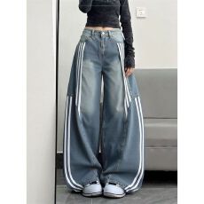 批发通勤<b class='q'>气质</b>ins条纹拼接牛仔<b class='q'>裤</b>女设计感三条杠解构弯刀阔腿牛仔<b class='q'>裤</b>潮